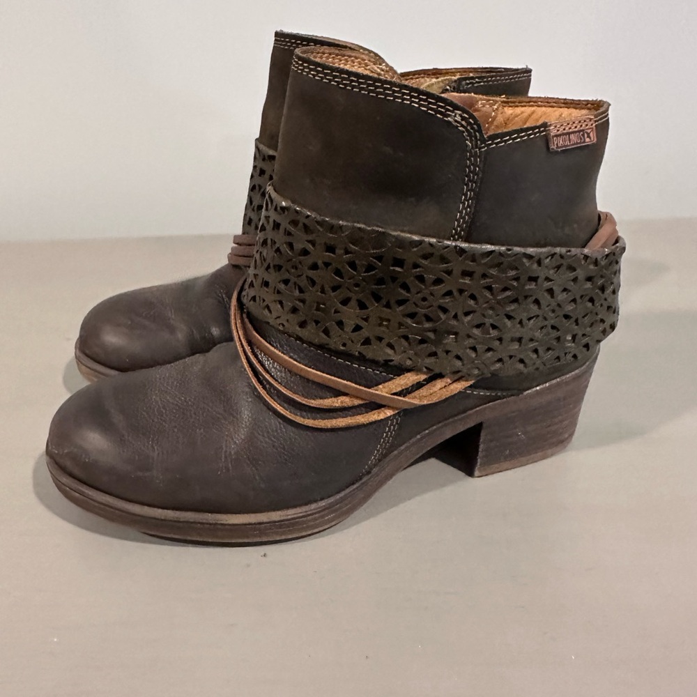 PIKOLINOS Dark Brown Leather Ankle Booties with Laser-Cut Cuff - Picture 2 of 5